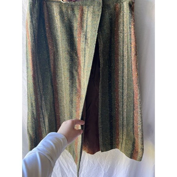 Vintage A Line‎ Midi Wool Blend Long Skirt Jacket Set Sweet Apple Olive Striped - Picture 4 of 13